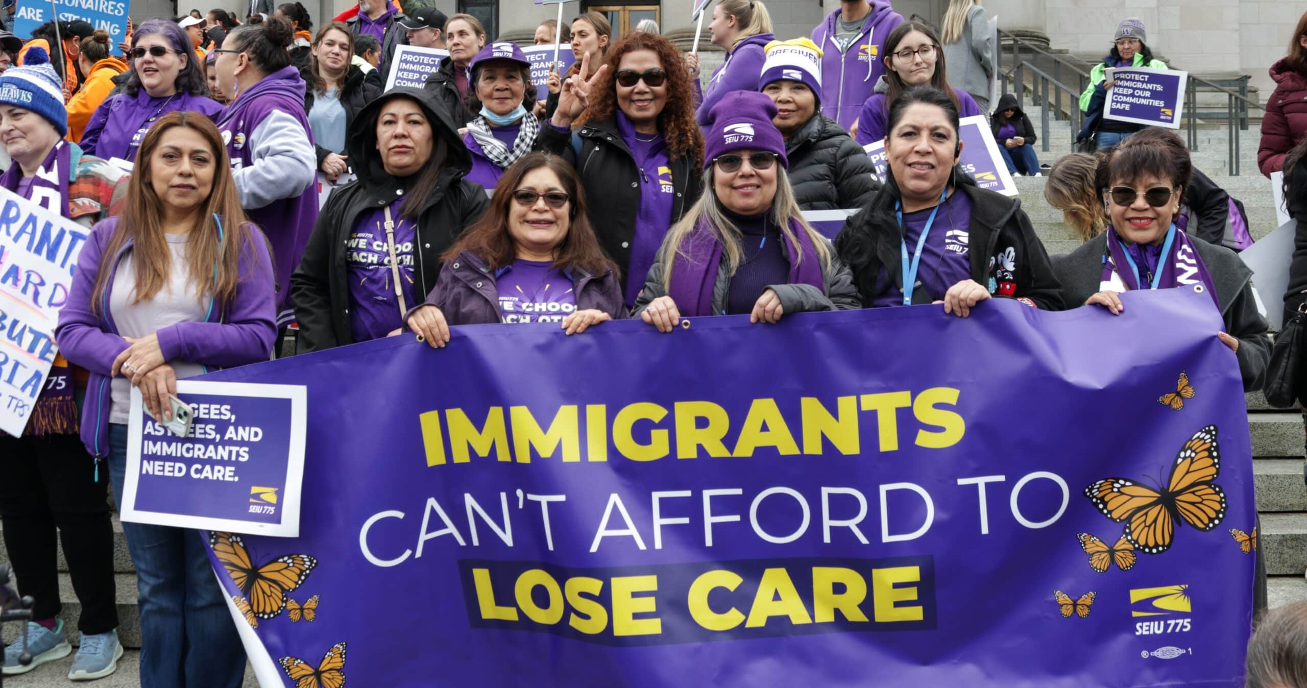 Union members rallied for immigrant healthcare in March, as in October, 1,300 elders and people with disabilities are slated to lose their caregivers. It includes seniors with Parkinson's, people with diabetes and dementia who need help with basic tasks like eating, bathing and taking medication. (SEIU 775)